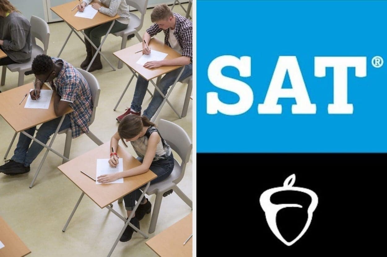 Collegeboard and SAT logo with a picture of students testing for the SAT.
